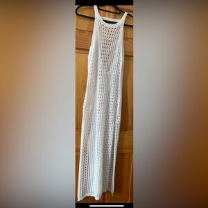 B Darlin White Crochet Knit Maxi Cover Up Dress Boho Beach Sheer Open Knit SZ L